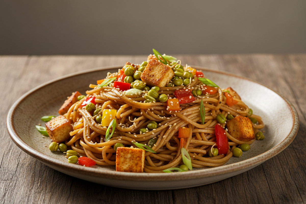 Sprouted little millet noodles with paneer and sautéed vegetables