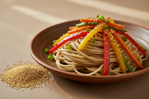 Pale sprouted amaranth noodles with sautéed peppers, carrots and toasted sesame