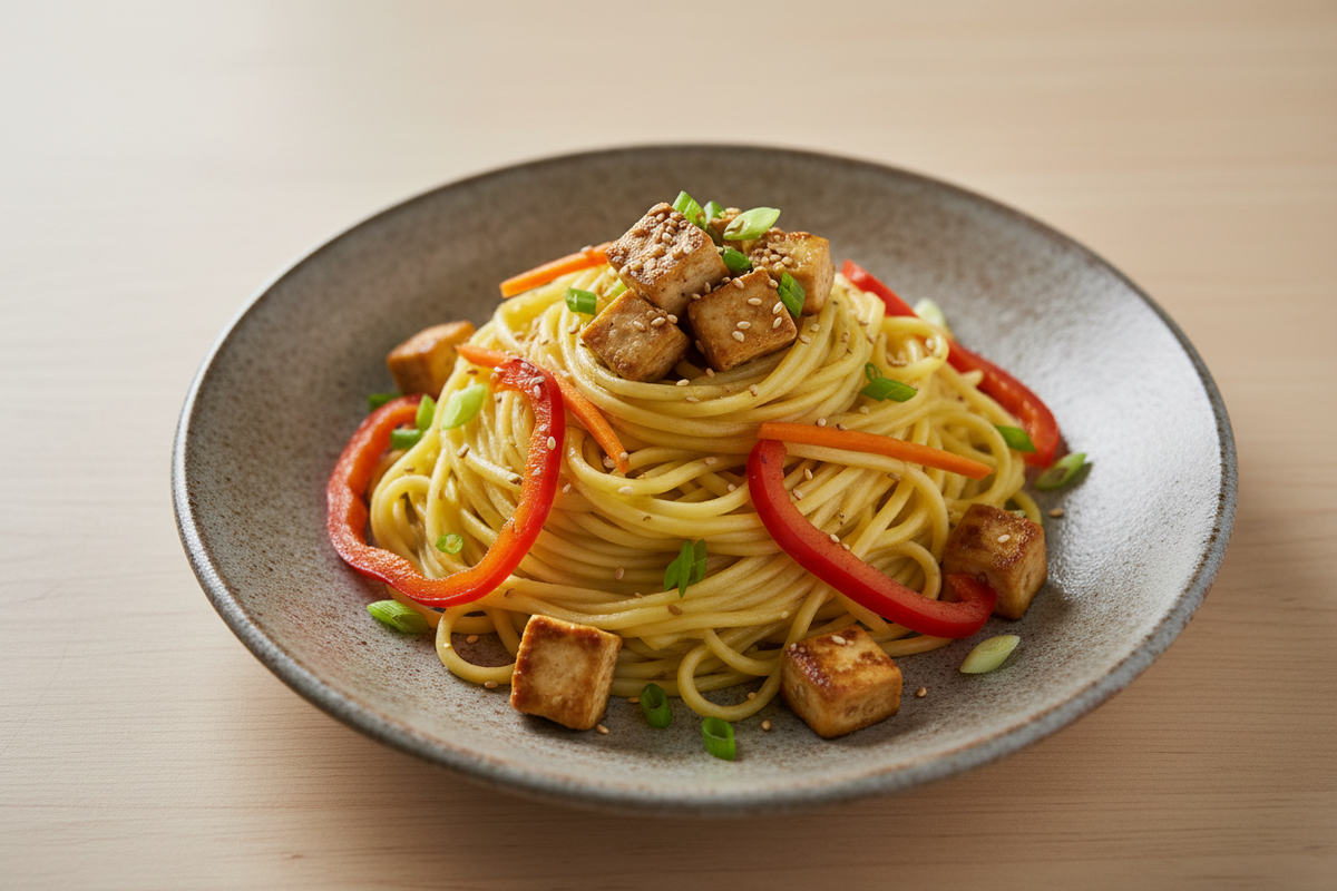 Pale gold sprouted foxtail millet noodles with tofu and sautéed vegetables