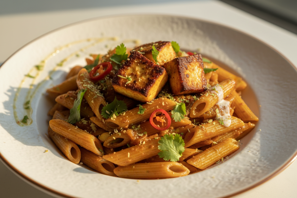 Sprouted brown chana penne in an onion and tomato masala with paneer