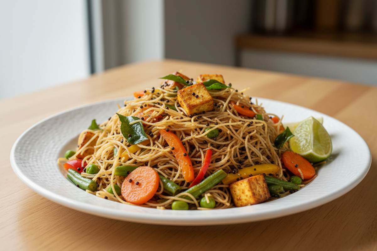 Sprouted little millet vermicelli with a South Indian tempering and vegetables