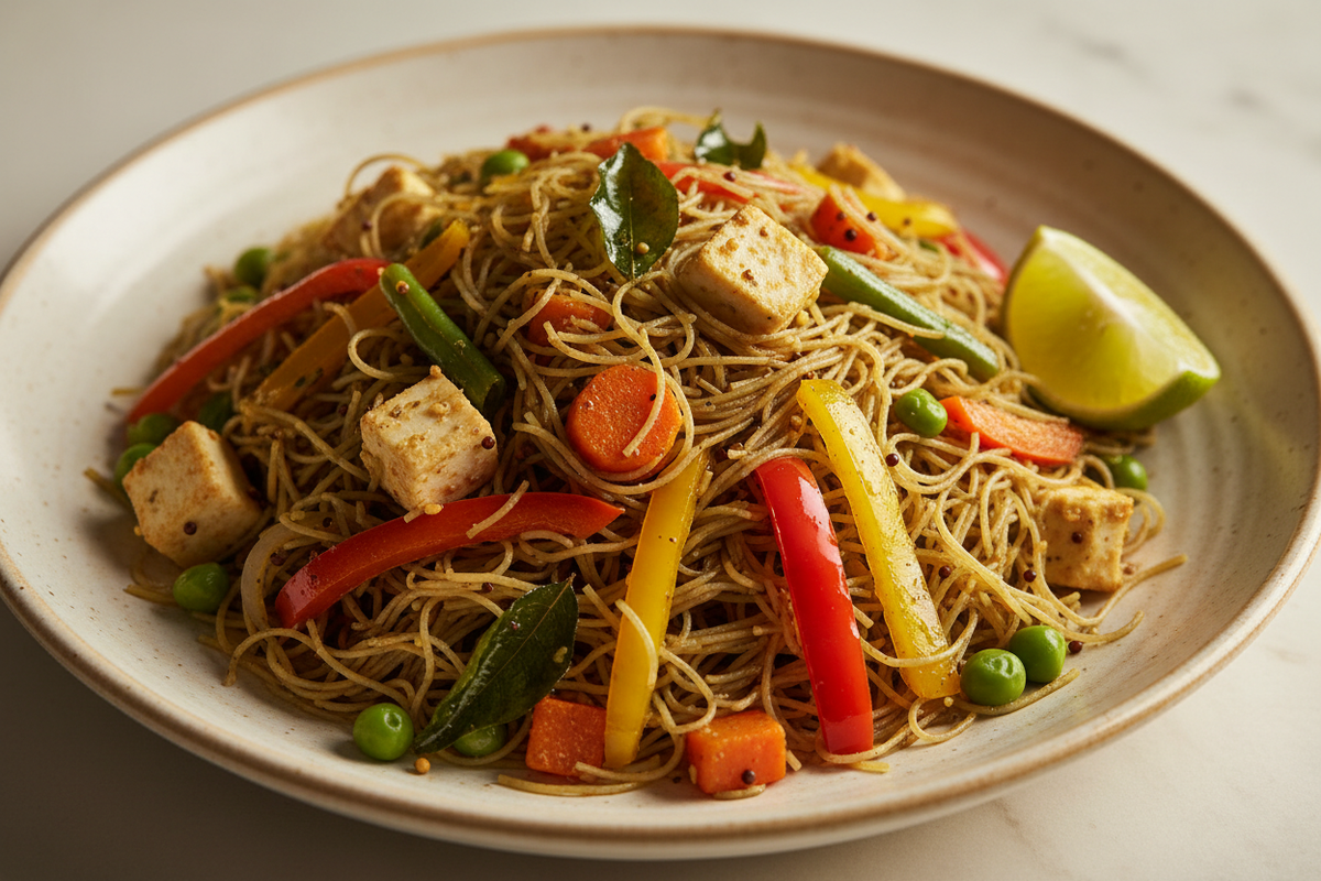 Green-toned sprouted kodo millet and moringa vermicelli with a tempering