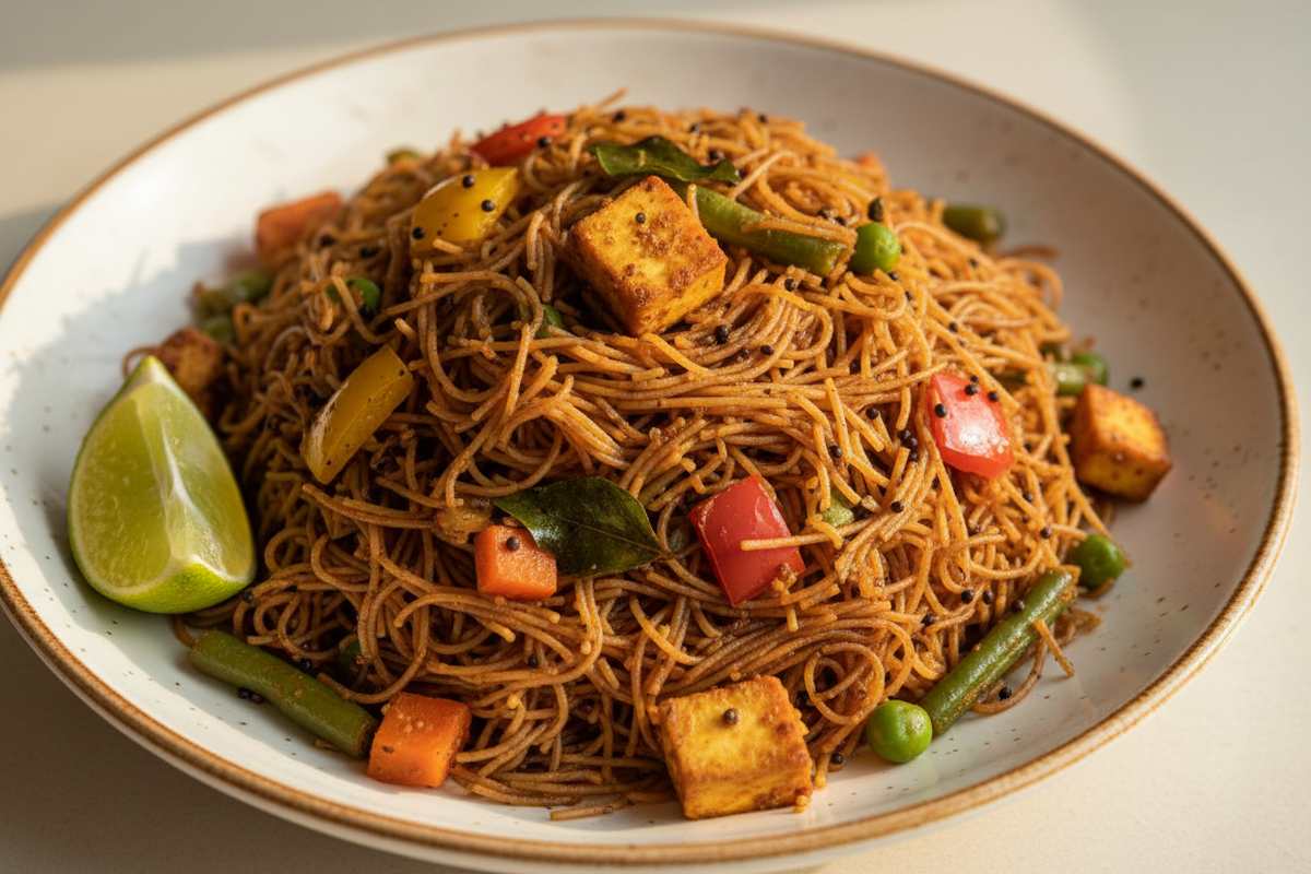 Deep red sprouted Navara red rice vermicelli plated with a tempering