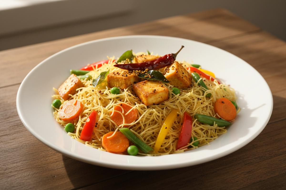 Sprouted foxtail millet vermicelli plated with a South Indian tempering