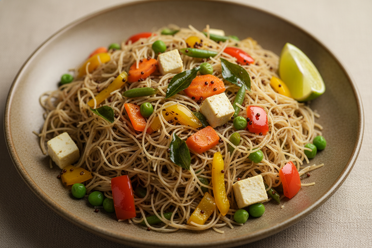 Sprouted jowar vermicelli tempered with mustard seeds, curry leaves and vegetables