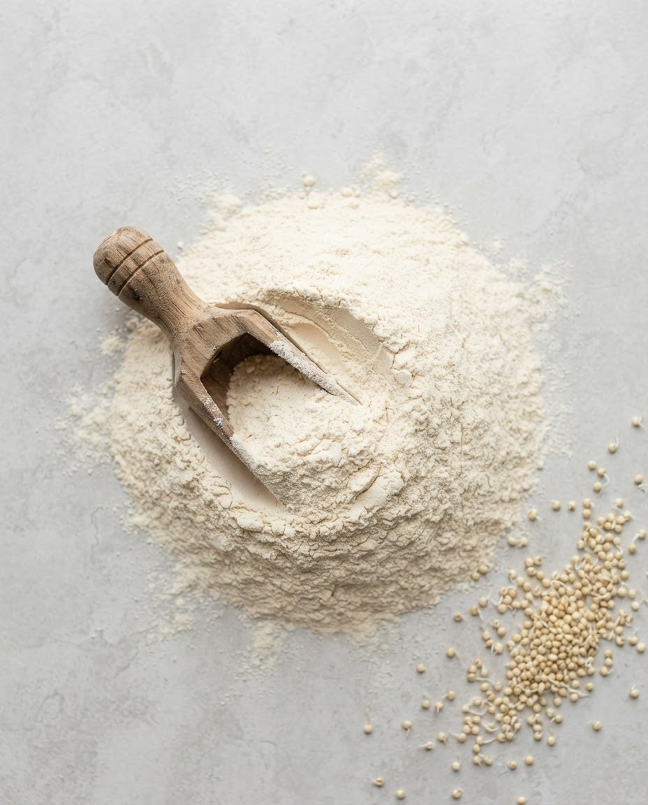 Stone-ground sprouted little millet flour with a wooden scoop