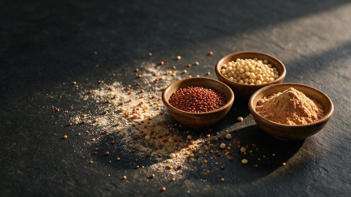 Sprouted millet flours, rava and vermicelli arranged on a warm stone surface