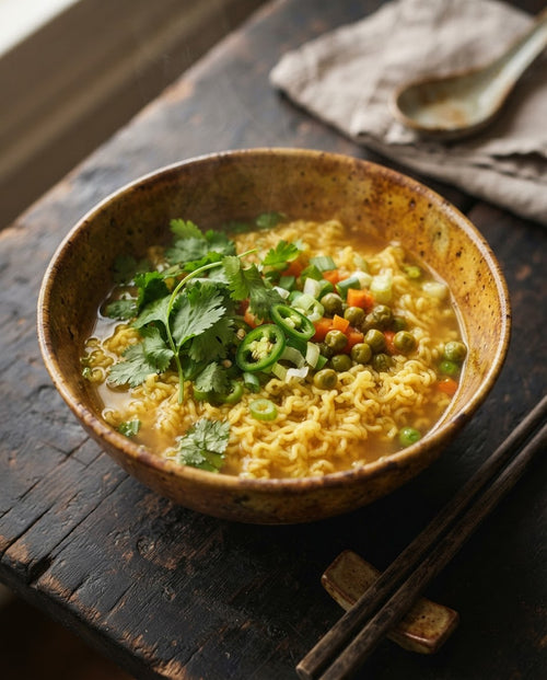 Instant foxtail millet noodles in broth with coriander and peas