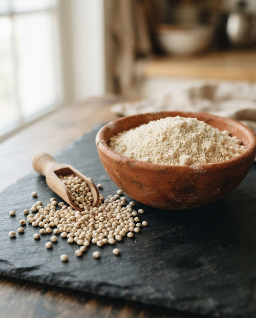 Pale sprouted jowar rava in a terracotta bowl on slate